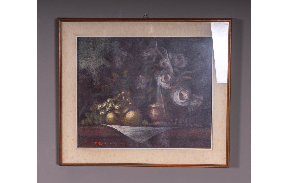 Oil painting on canvas still life dark wood frame with aged passe-partout