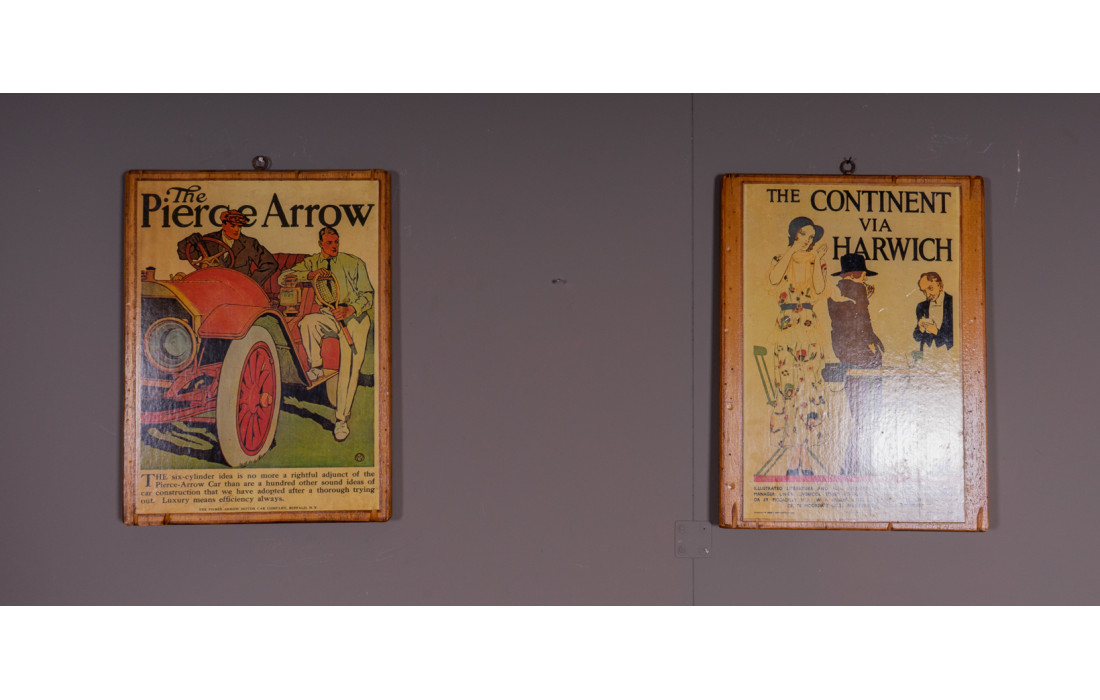 Pair of wooden panels "The Pierce Arrow" "The Continent via Harwich"
