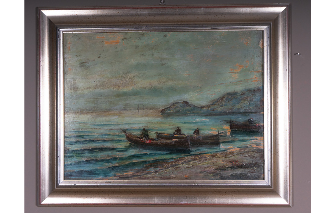 Oil on wood painting of fishermen