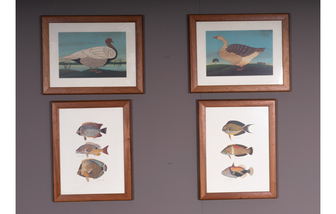 Set of four paintings with geese and fish