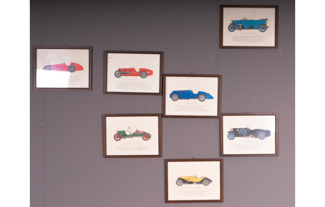 Set of seven vintage car prints