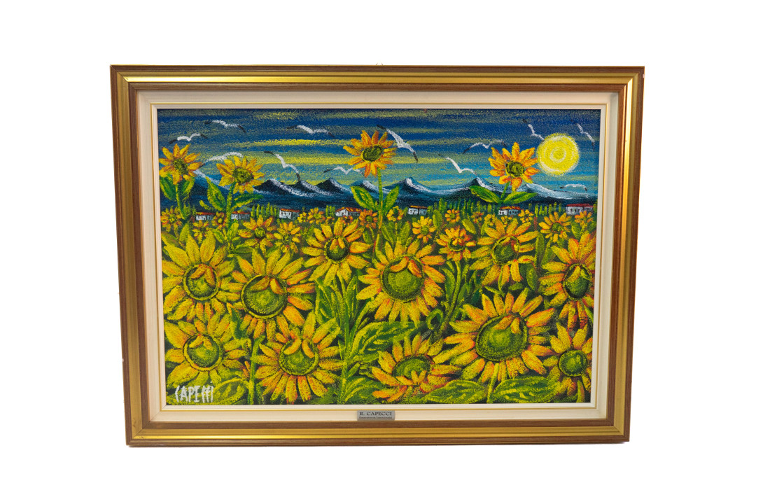 The painting "Field with sunflowers" by Renzo Capecci