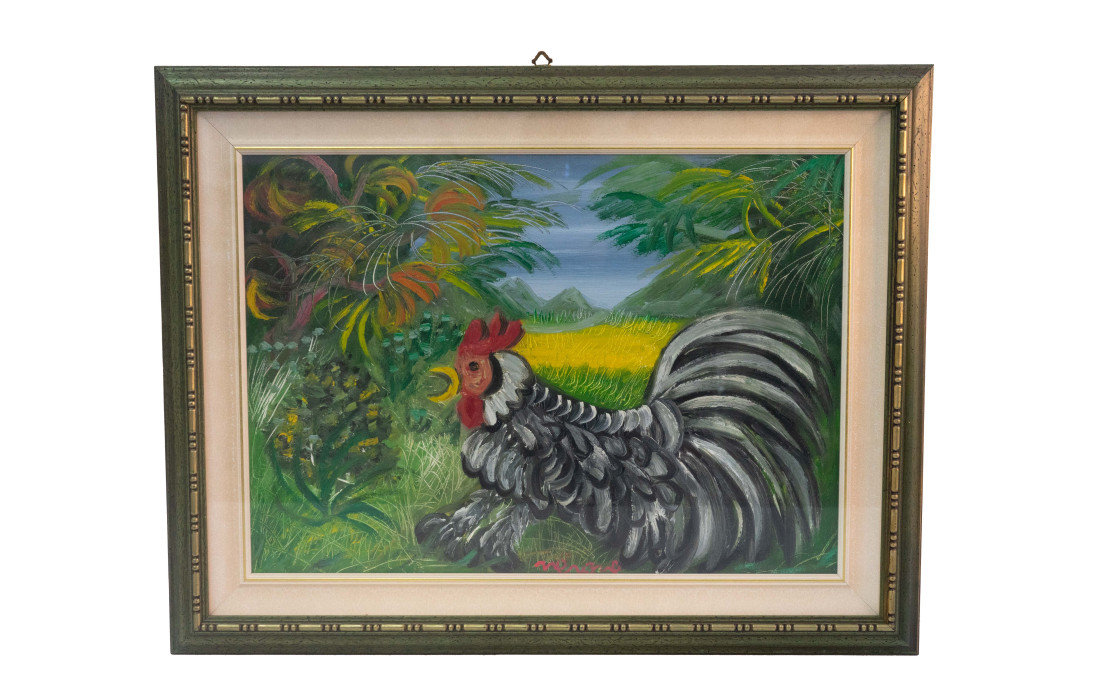 Pintura de gallo en el paisaje.
