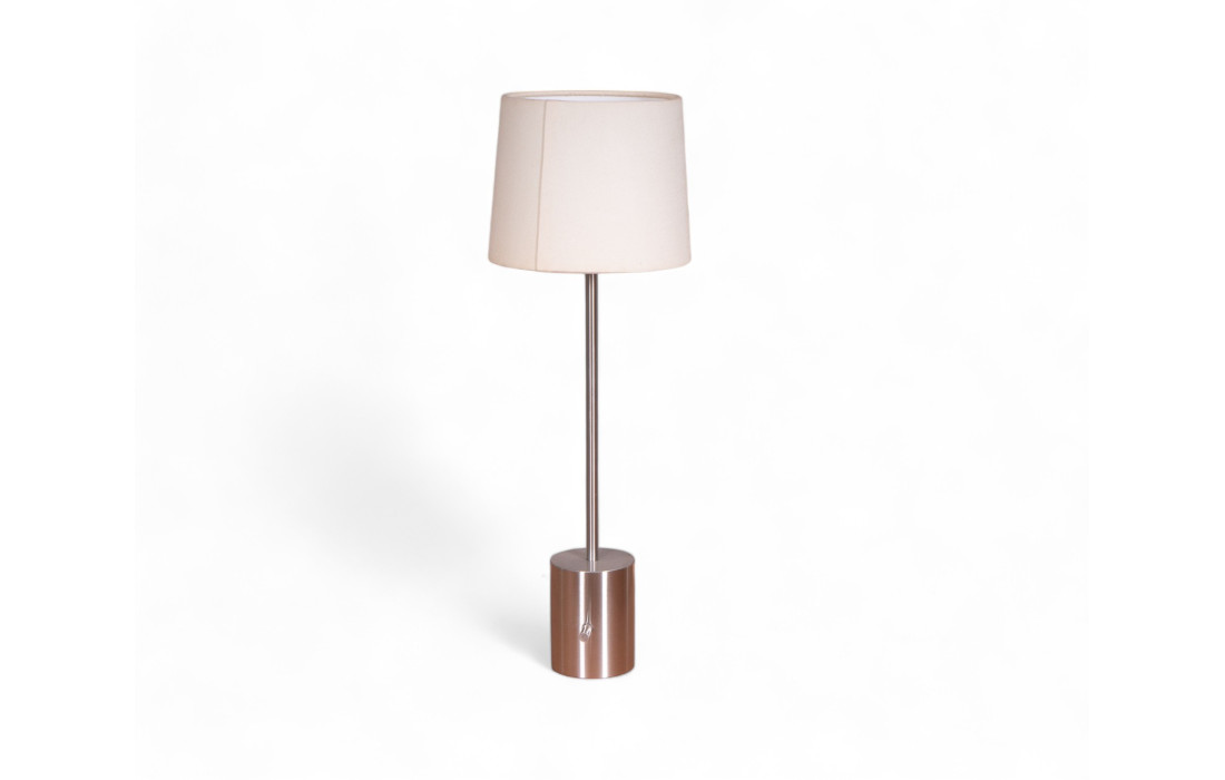 Table lamp with chromed base and ivory-coloured fabric lampshade