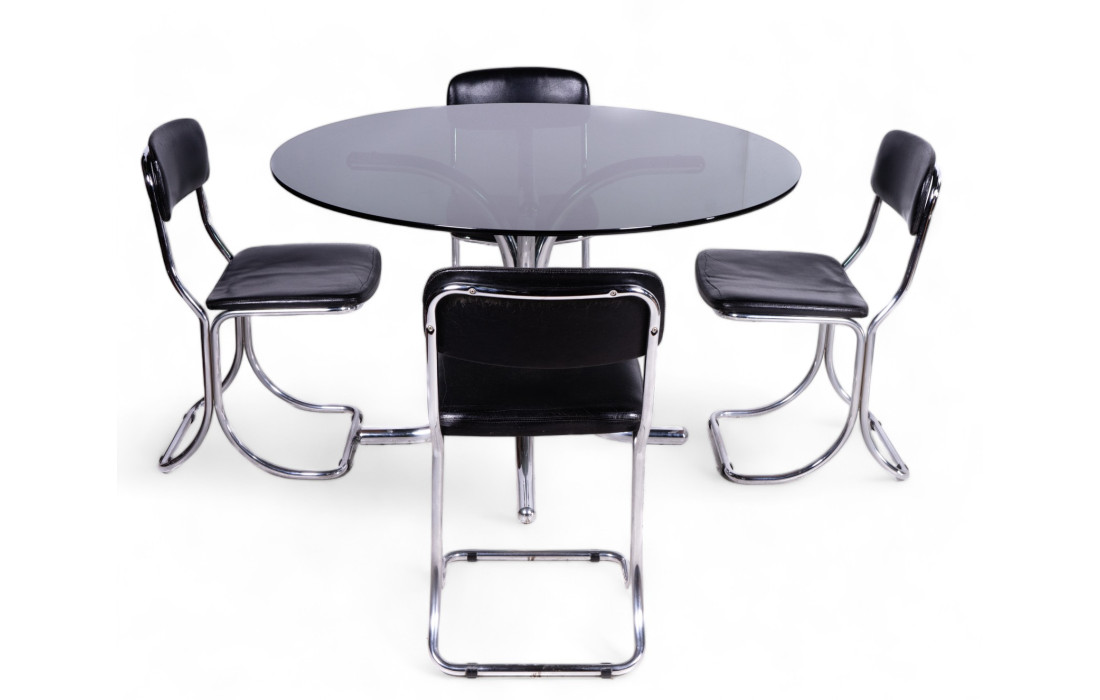 copy of 70S ROUND TABLE SET CHROME BASE GLASS TOP SMOKED WITH 4 CHAIRS