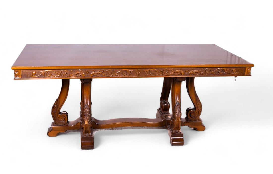 Walnut-colored wooden desk table