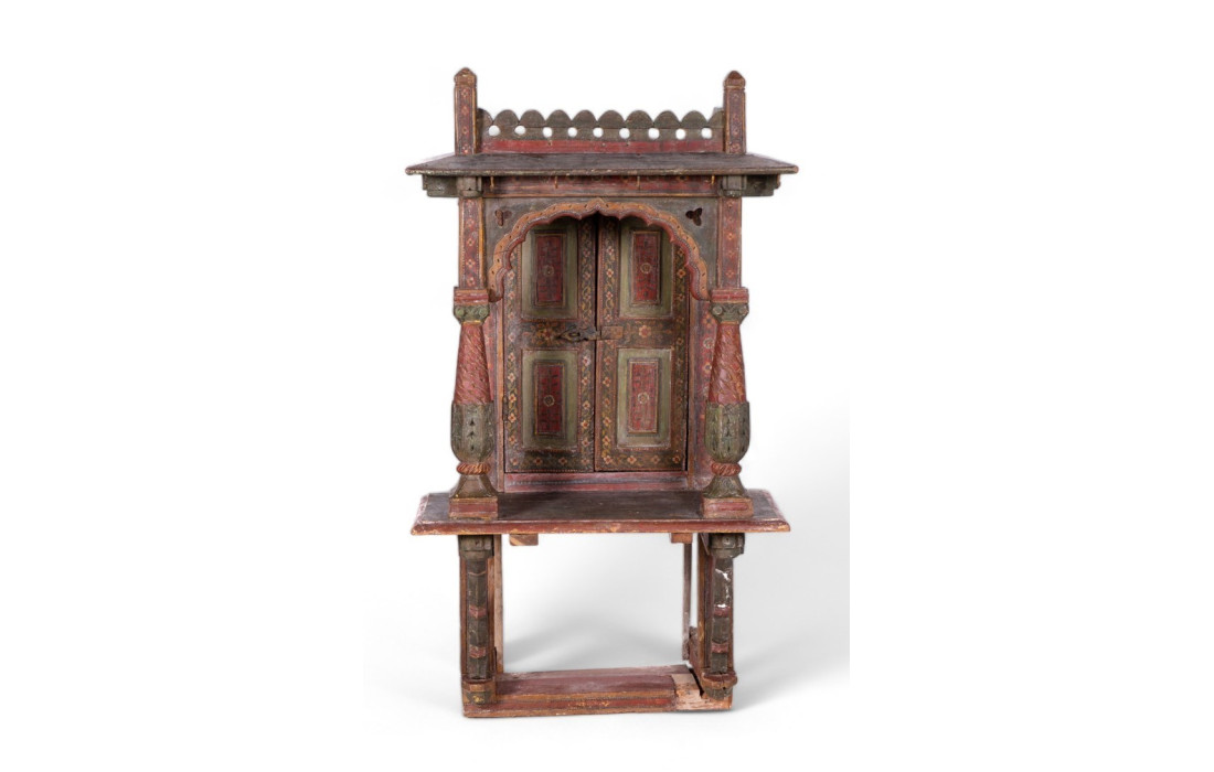 Antique wooden temple with decorations and paintings (North India) in wood Barmati Tik Wood