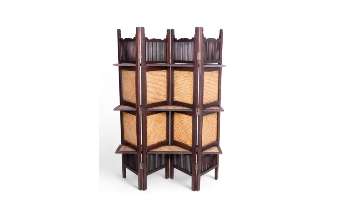 Separè with biface shelves (Philippines) in acacia wood and rattan