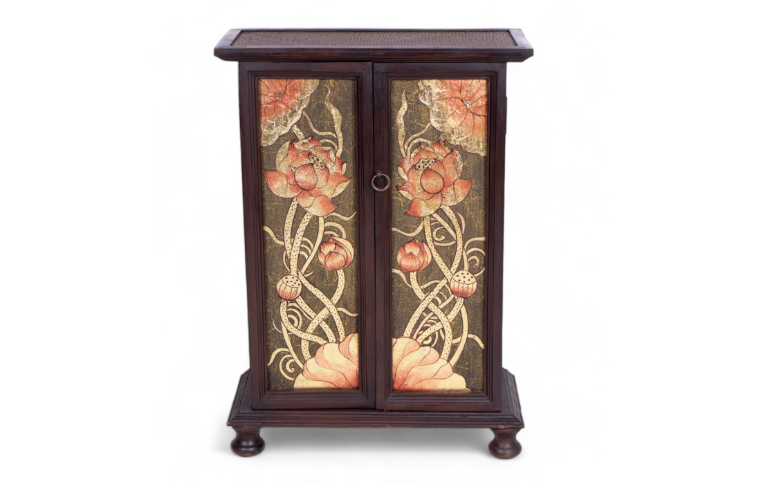Ethnic cabinet (Thailand) in acacia and rattan wood with painted decorations