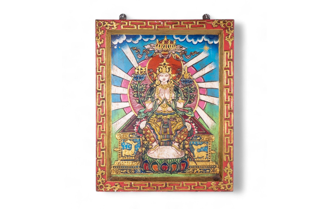 Pintura en relieve (Tíbet) con decoraciones, que representa a la deidad Tara Blanca
