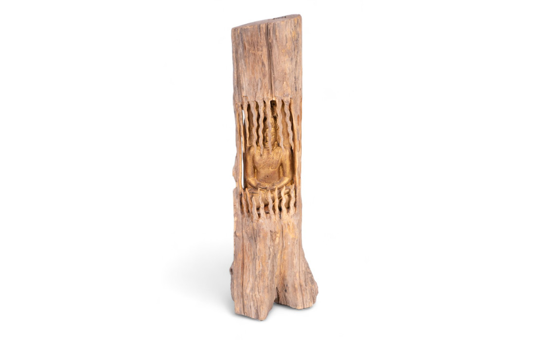 Carved heavy acacia wood trunk depicting Buddha (Thailand)